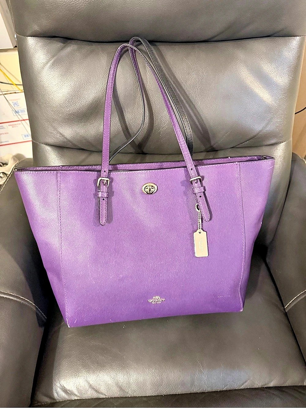 Coach Turnlock Tote in Crossgrain Leather Purple